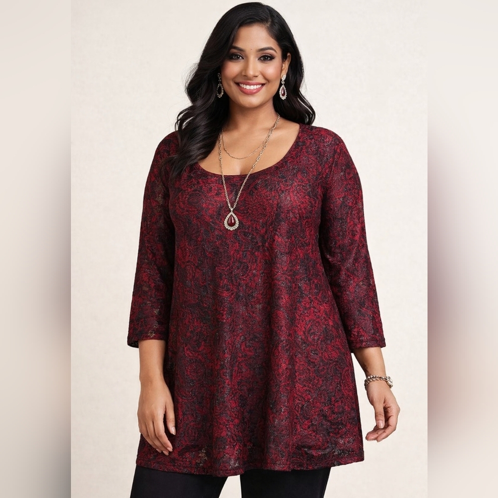 Women's Tunic 3X Red Black Lace Top Scoop Neck Lined 3/4 Sleeve Romantic Chic